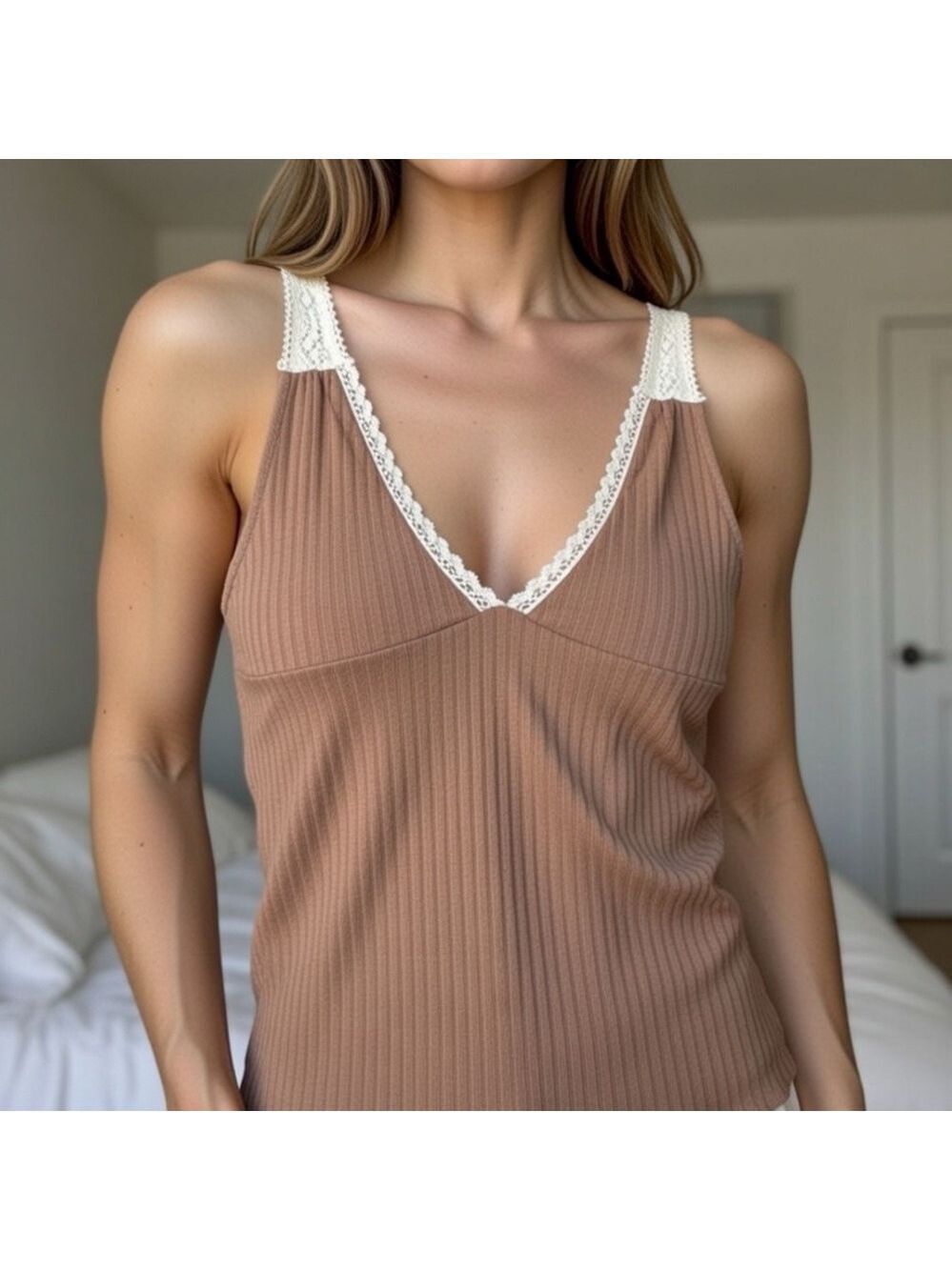 Zara Brown Ribbed V-Neck Tank with Lace Trim Sleeveless Cottage Core Size L
